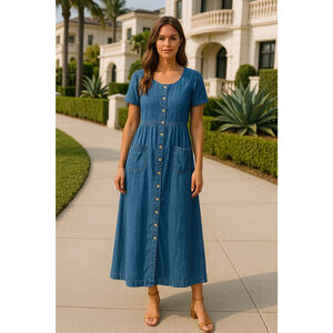 Vintage Denim Midi Dress Blue J Pockets Button-Front Cottagecore Tradmom Prairie